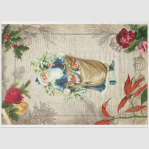 Papier Mousseline Père Noël Vintage rustique avec fleurs, pin et mus