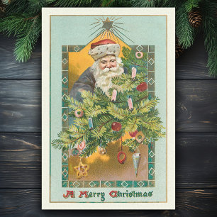 Papier Mousseline Père Noël vintage souriant, sapin de Noël et étoil