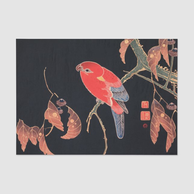 Papier Mousseline Perroquet rouge sur la branche d'un arbre par Ito  (Recto)