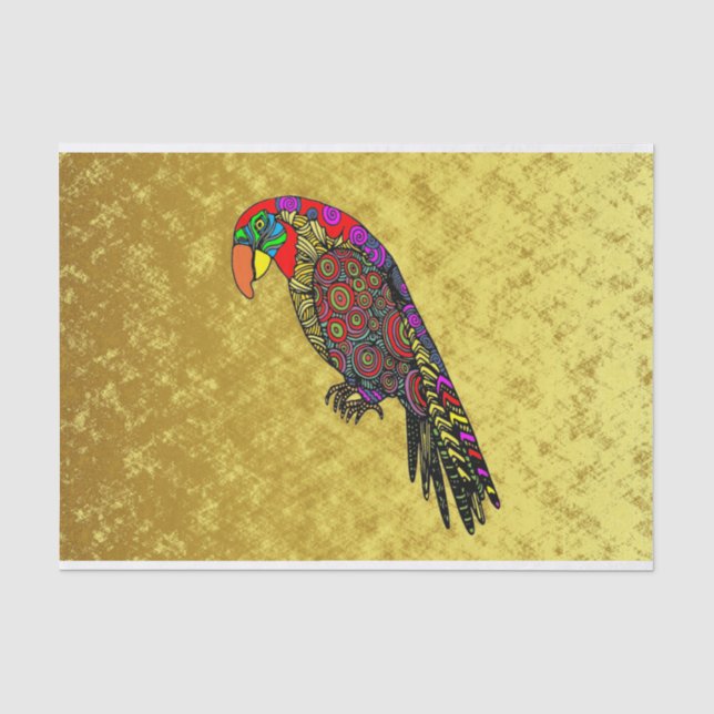 Papier Mousseline Perroquets en or jaune rouge vert bleu (Recto)