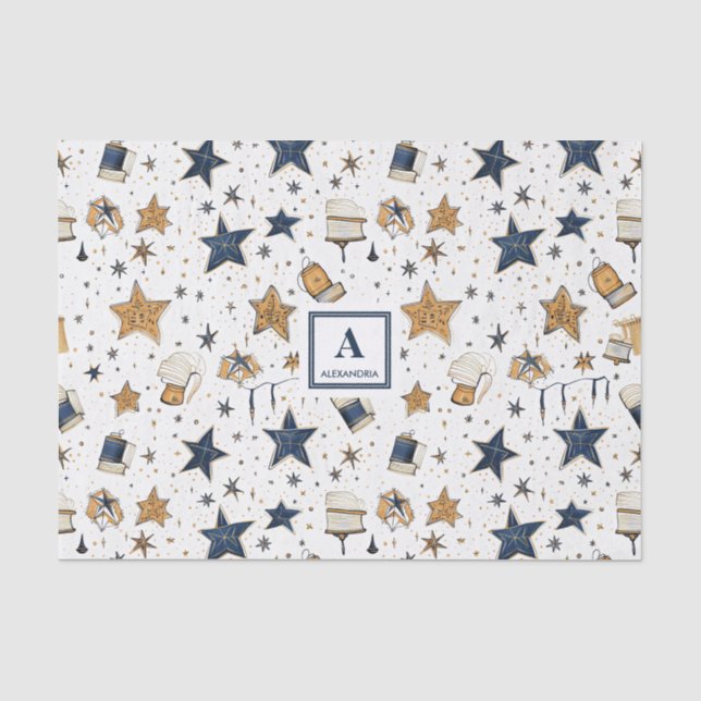 Papier Mousseline Personnalisé Elegant Blue & Gold Stars Motif (9) (Recto)