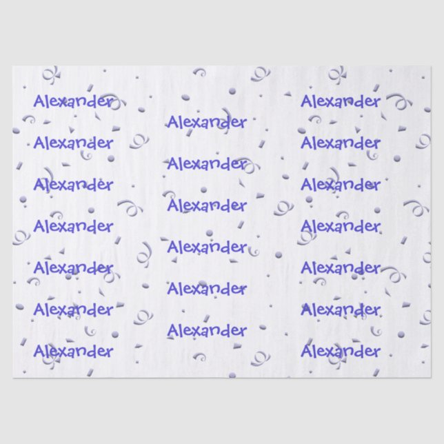 Papier Mousseline Personnalisez :  Confettis bleus de nom de garçons (Recto)