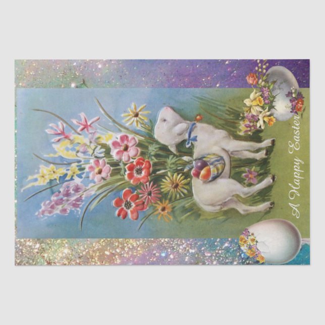 PAPIER MOUSSELINE PETIT AGNEAU, OEUFS DE PÂQUES AUX FLEURS (Recto)