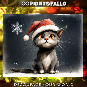 Papier Mousseline Petit chaton de Noël avec casquette du Père Noël