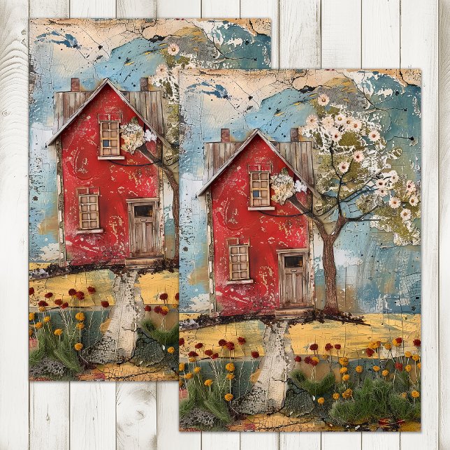 PAPIER MOUSSELINE PETITE MAISON DE PAYS ROUGE DÉCOUPAGE MÉDIA (TINY RED COUNTRY HOUSE MIXED MEDIA DECOUPAGE TISSUE PAPER)