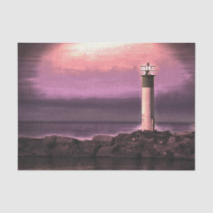 Papier Mousseline Phare Coucher de soleil ciel pourpre au lac