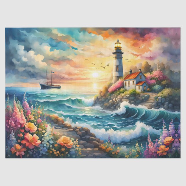 Papier Mousseline Phare Jardin floral sur la mer (Recto)