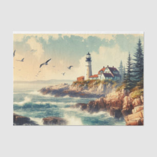 Papier Mousseline Phare vintage au bord de la mer et côte rocheuse