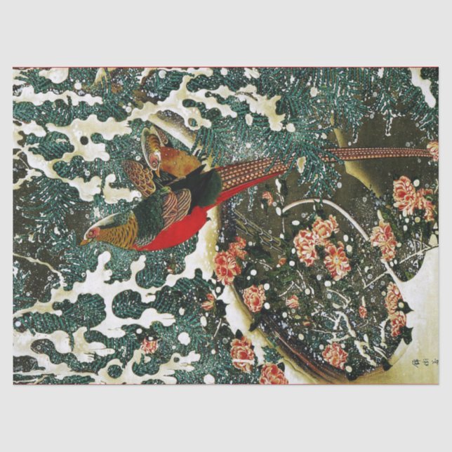 Papier Mousseline Pheasants à Snow, Pine Tree, Roses, Japanese Flora (Recto)