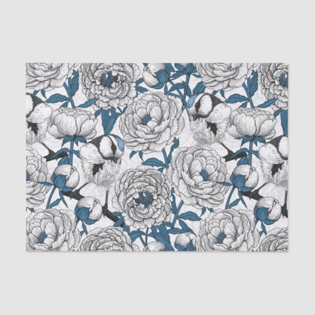 Papier Mousseline Pies blanches et mésanges bleues (Recto)