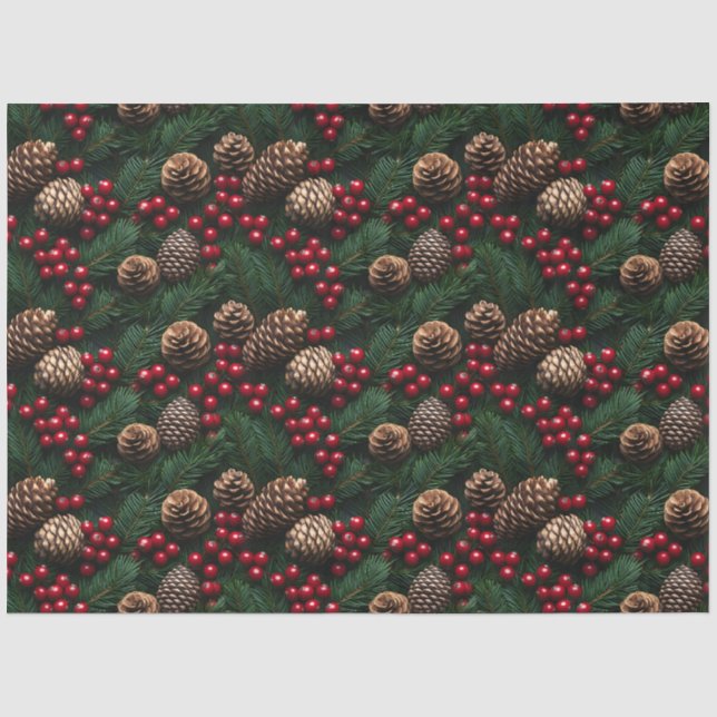 Papier Mousseline Pine Cones Holly Berries Spruce Sprig Motif (Recto)