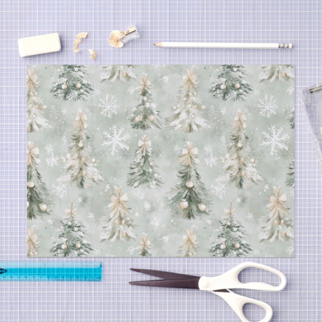 Papier Mousseline Pine Green Cream Christmas Trees Snowflakes (Artisanat)