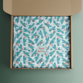 Papier Mousseline Pine Twigs et Red Berries Motif de Noël Blanc