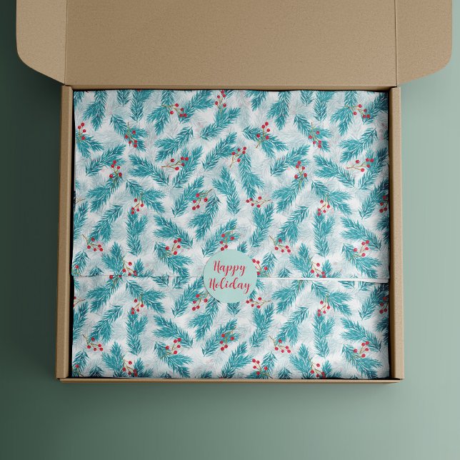 Papier Mousseline Pine Twigs et Red Berries Motif de Noël Blanc (Créateur téléchargé)