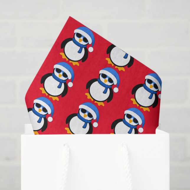 Papier Mousseline Pingouin cool mignon Noël hiver motif rouge  (Sac cadeau)