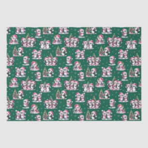 Papier Mousseline Pingouins amusants Motif vert foncé et rose Noël