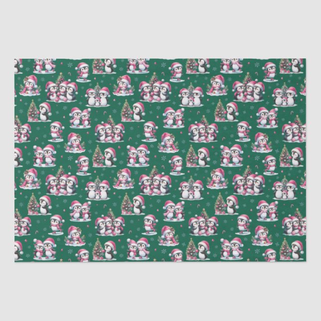 Papier Mousseline Pingouins amusants Motif vert foncé et rose Noël (Recto)