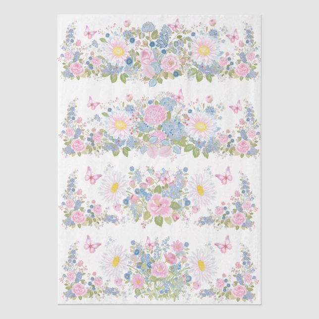 Papier Mousseline Pink & Blue Floral & Butterfly Decoupage Paper (Recto)
