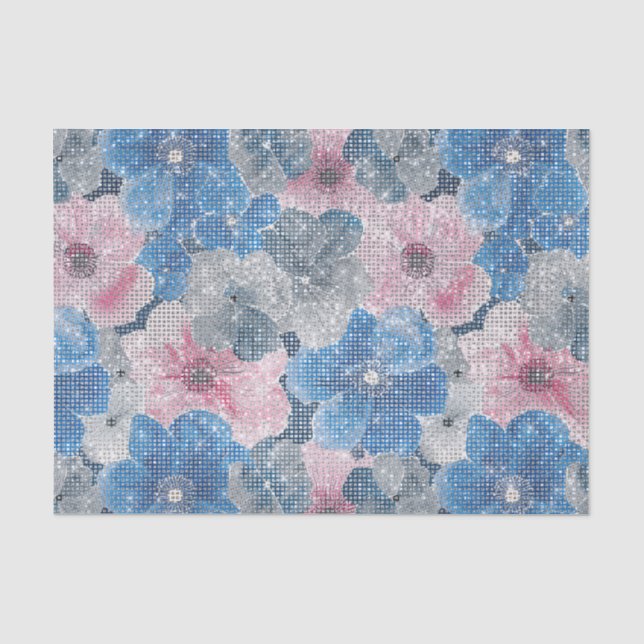 Papier Mousseline Pink Blue Flowers Sparkle (Recto)