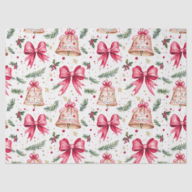 Papier Mousseline Pink Bows Gold Bells Noël (Recto)
