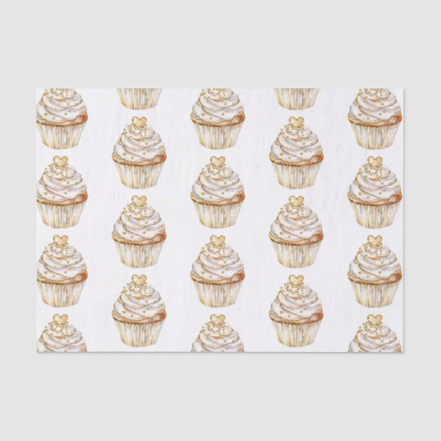 Papier Mousseline Pink Gold White Cream Heart Cupcake Anniversaire (Recto)