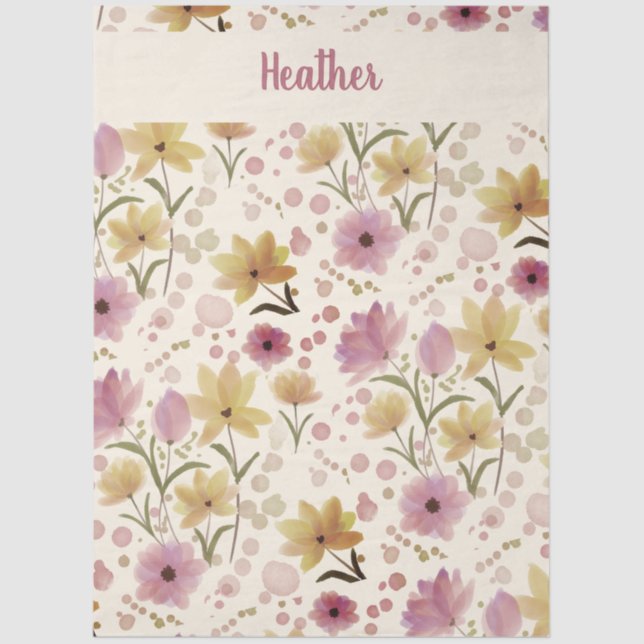 Papier Mousseline Pink Wildflower Watercolor Monogram Name (Recto)