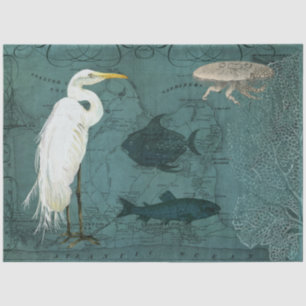 Papier Mousseline Plage Carte Océan Nautique Aquarelle Heron Fish Ar
