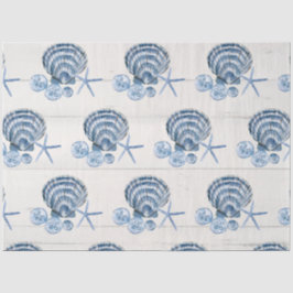 Papier Mousseline Plage de Starfish Coquillages Bleu Blanc Bois T