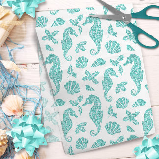 Papier Mousseline Plage Noël Parties scintillant hippocampe Aqua Ble