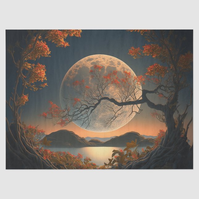 Papier Mousseline Pleine lune avec arbre à feuilles oranges Découpag (Recto)