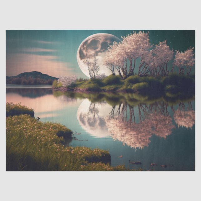 Papier Mousseline Pleine lune avec arbres floraux roses Découpage (Recto)