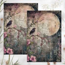 PAPIER MOUSSELINE PLEINE LUNE ET OISEAU DECOUPAGE MIXTE MEDIA