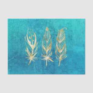Papier Mousseline Plumes bleu turquoise et or Classique