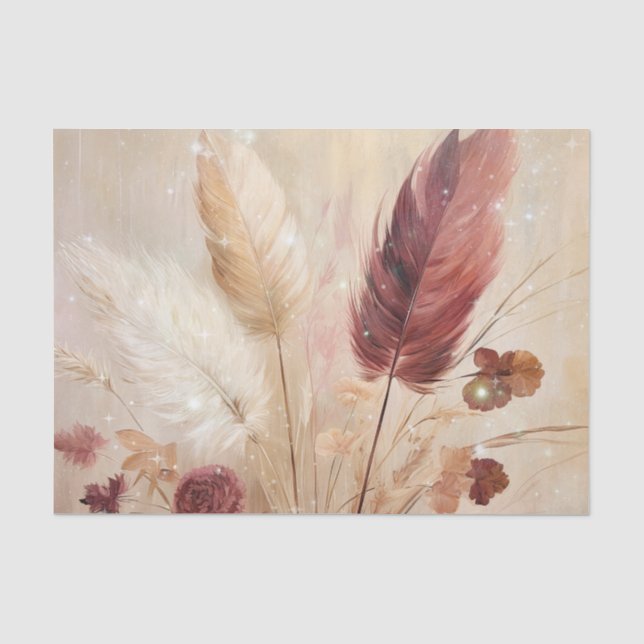 Papier Mousseline Plumes de Boho à crème rouge Floral (Recto)