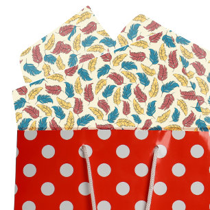 Papier Mousseline Plumes de dessin rouge, bleu et jaune sur crème