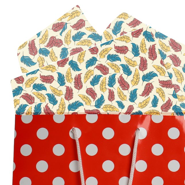 Papier Mousseline Plumes de dessin rouge, bleu et jaune sur crème (Créateur téléchargé)