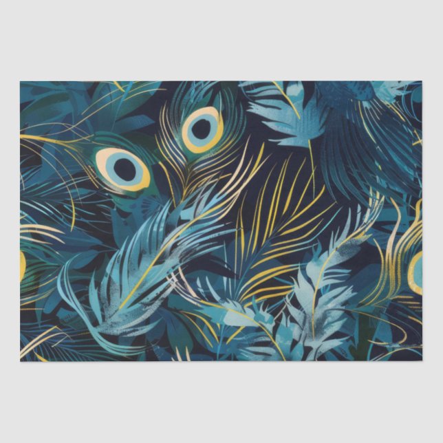 Papier Mousseline Plumes de paon noir, bleu et jaune motif (Recto)