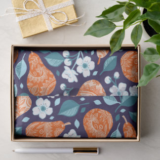 Papier Mousseline Poires et fleurs en orange et bleu