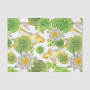 Papier Mousseline Poisson Koi jaune et Lys d'eau blanche Étang
