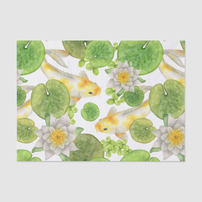Papier Mousseline Poisson Koi jaune et Lys d'eau blanche Étang (Recto)