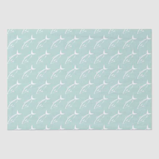 Papier Mousseline Poisson Saumon australien en blanc sur Aqua (Recto)