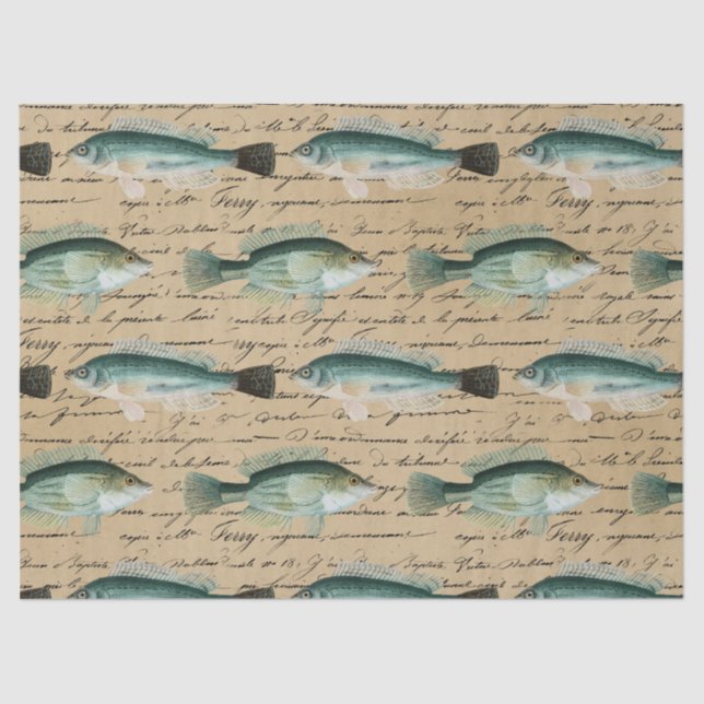 Papier Mousseline Poisson vert et écriture cursive sur Tan Decoupage (Recto)