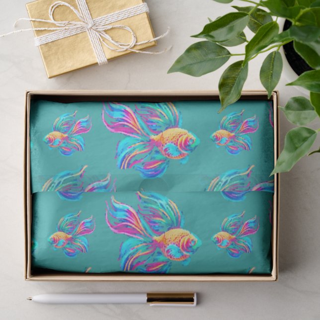 Papier Mousseline Poissons occupés Cyan (Cadeau)