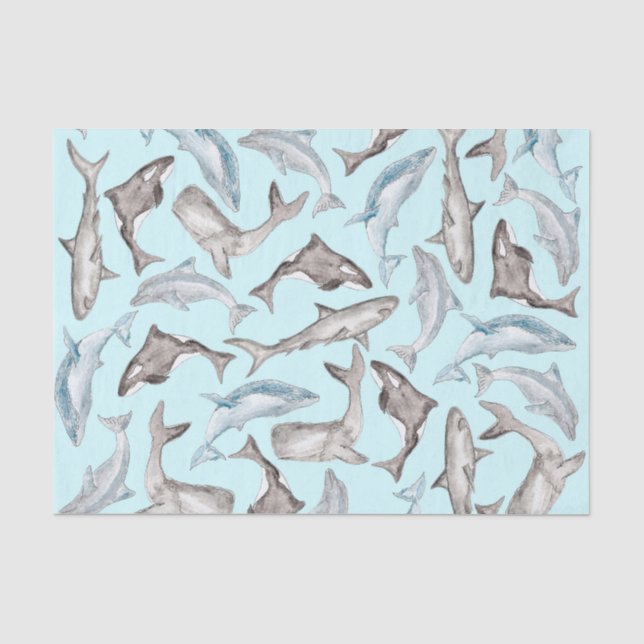 Papier Mousseline Poissons océaniques d'aquarelle dans le gris blanc (Recto)