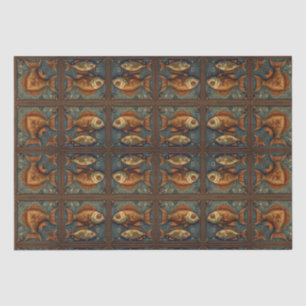 Papier Mousseline Poissons Steampunk Vert et Golden brown