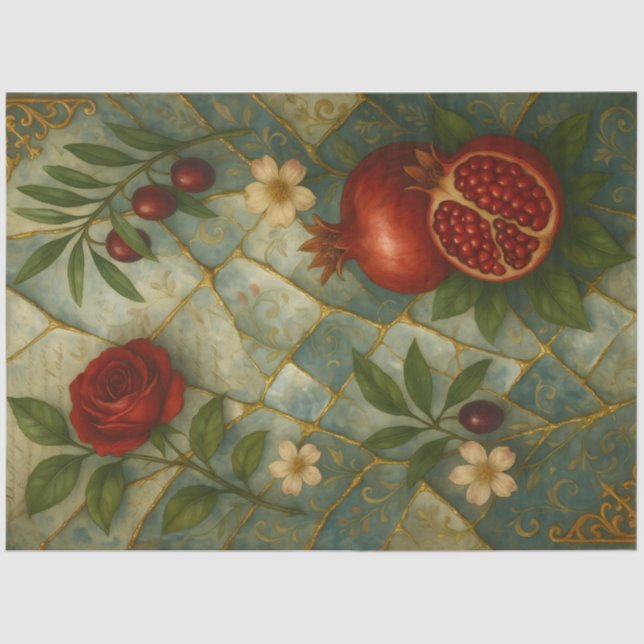 Papier Mousseline Pomegranate Rose – Ornate Botanical Fantasy (Recto)