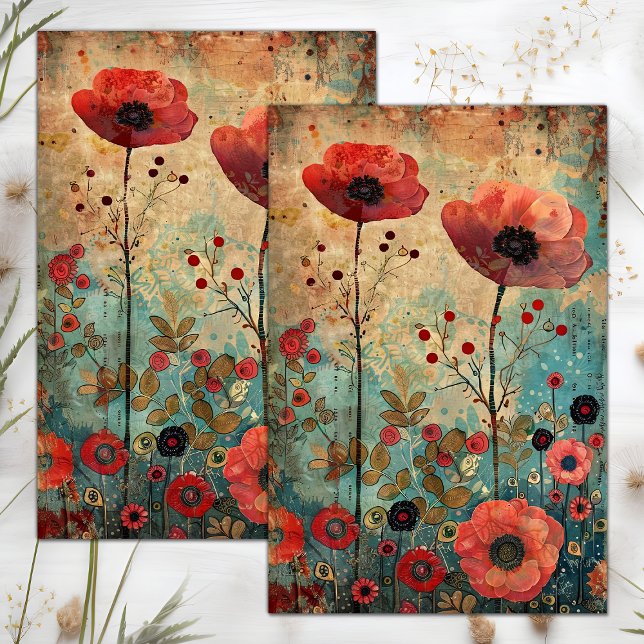 PAPIER MOUSSELINE POPIES ROUGES DANS LA DÉCOUPAGE DU COLLAGE DE MEAD (RED POPPIES IN MEADOW COLLAGE DECOUPAGE TISSUE PAPER)