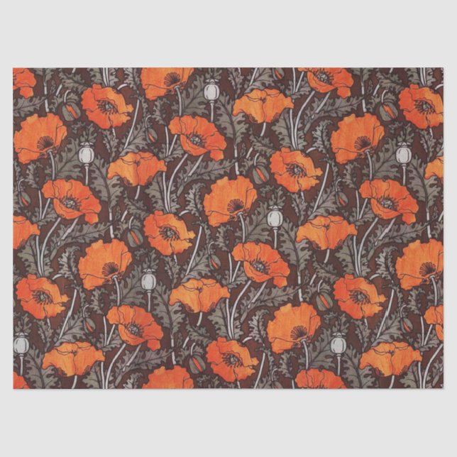 Papier Mousseline POPIES ROUGES EN FLEAU DE Pavot BLANC NOIR (Recto)