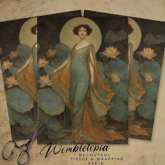 Papier Mousseline Portrait Art Nouveau de Dame avec Nénuphars