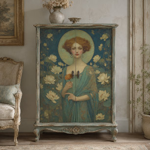 Papier Mousseline Portrait de Dame aux Nymphéas de Style Art Nouveau